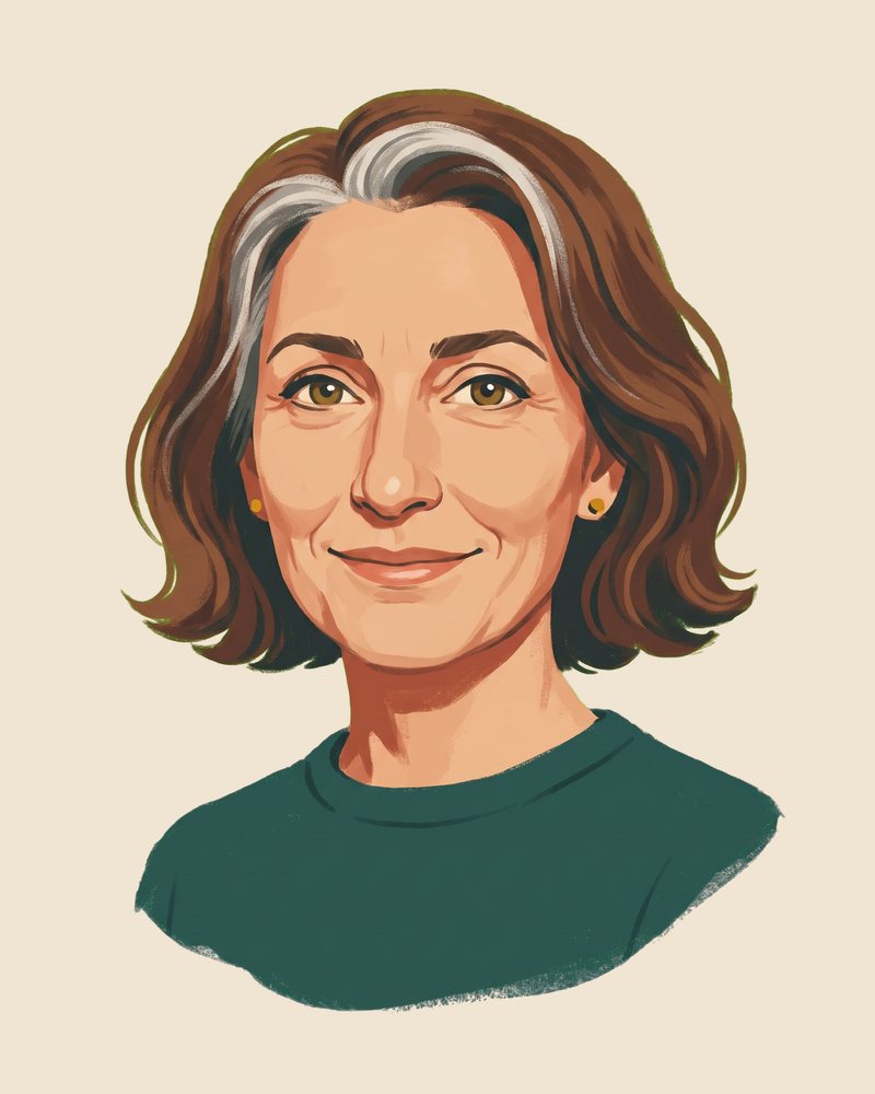 An illustration of June, a woman in her fifties with wavy brown hair going silver, gold stud earrings, and a green sweater, smiling.